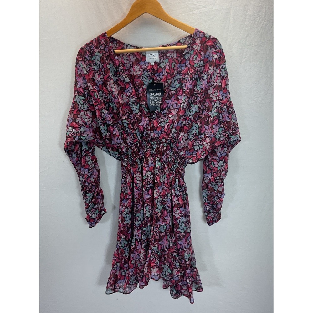 New Misa‎ Los Angeles Floral Long Sleeve Mini Dress Cinch waist vneck Size M